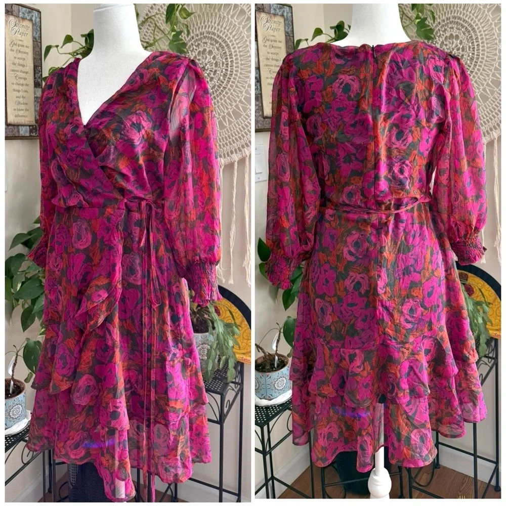 Esqualo Fuchsia Dress Chiffon Floral Wrap Ruffled Layered Balloon Sleeves Size 8 - Picture 3 of 10